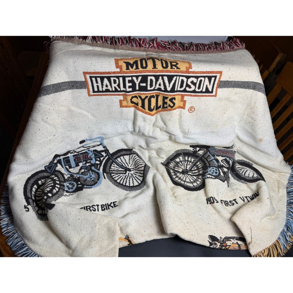 Vintage Harley-Davidson Woven Tapestry Throw Blanket-Motorcycle History Fringe